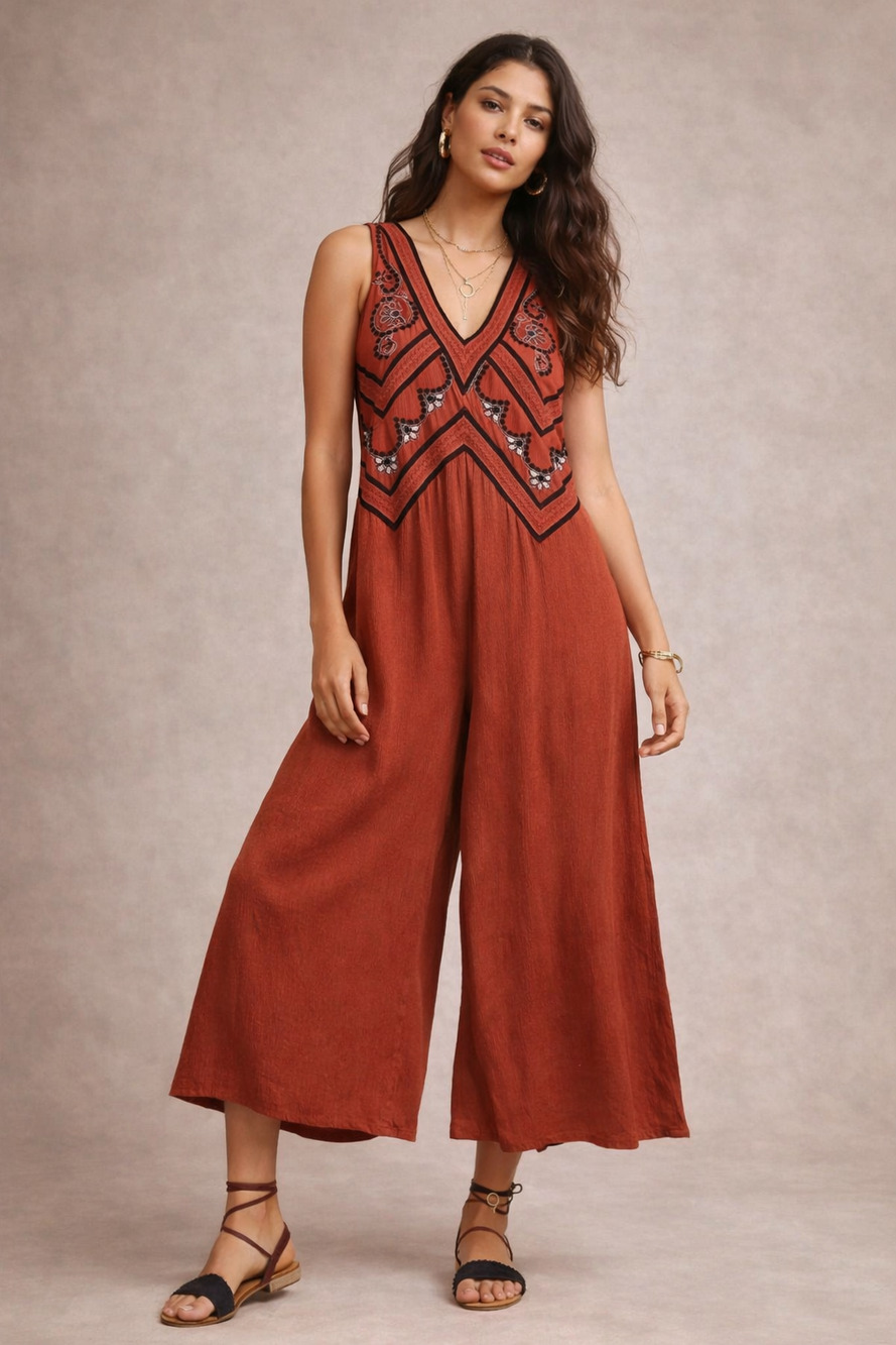Anthropologie Maeve Desert Embroidered Boho Wide Leg Jumpsuit Rust XS